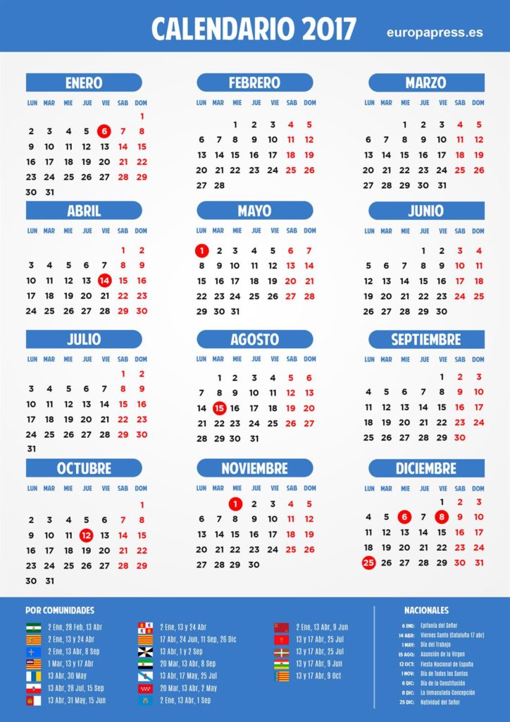 Year 2017 Calendar – Spain: Easter, long weekends and holidays
