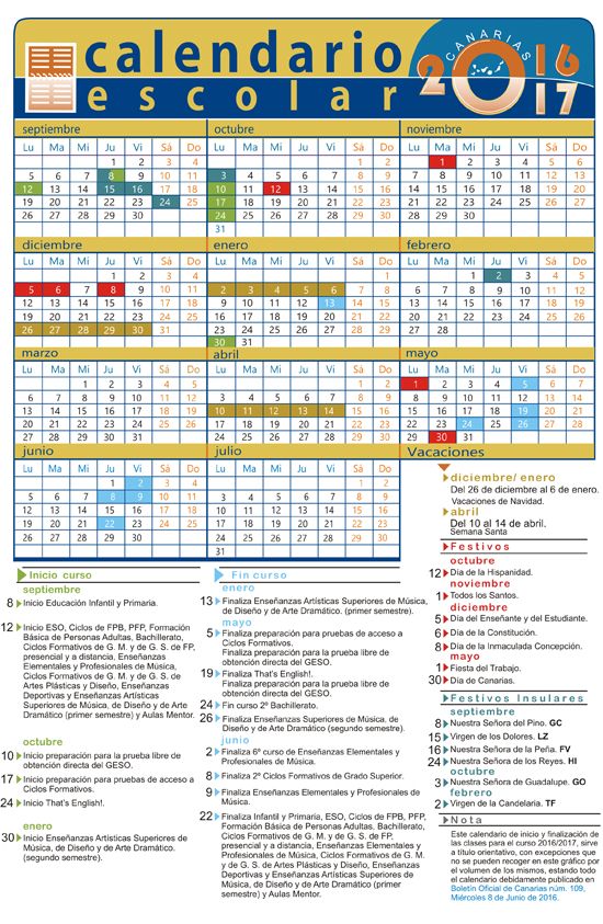 School calendar 2016/2017 Tenerife: Christmas, Easter, summer holidays